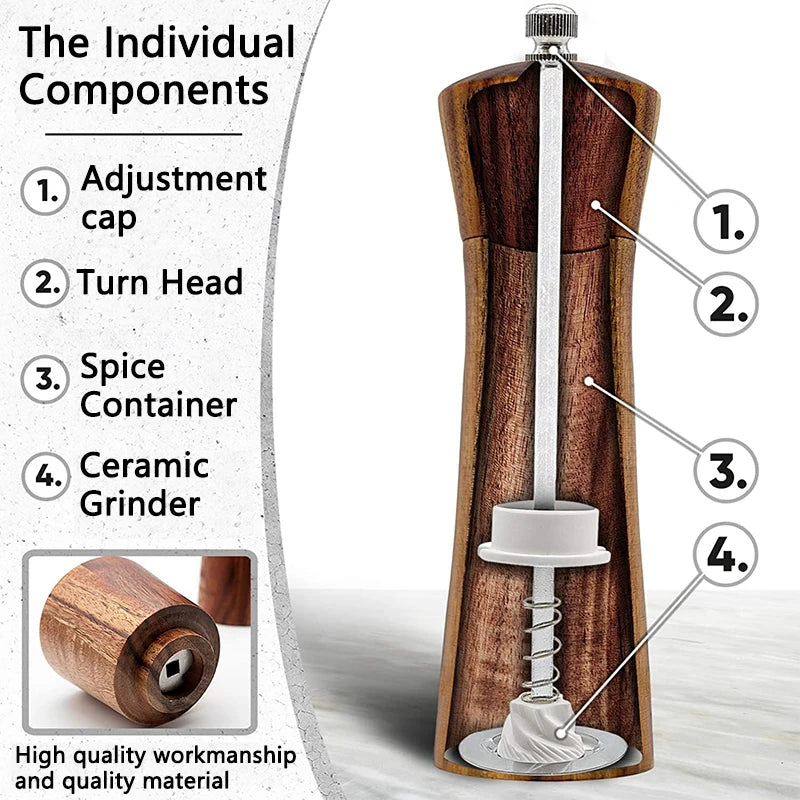 SeasonMaster: Acacia Wood Salt & Pepper Grinder with Adjustable Ceramic Mill