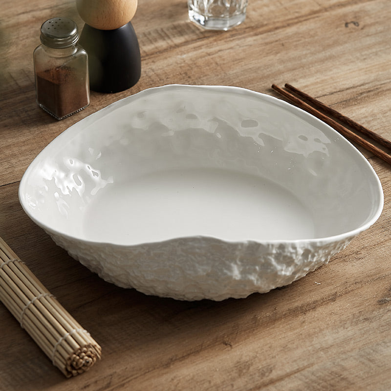 White Ceramic Stone-Pattern Pasta & Dessert Plate