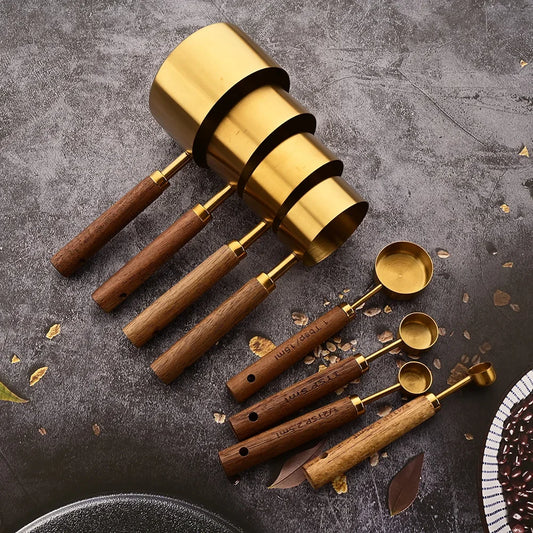 Wooden Handle Measuring Cups & Spoons – Elegant Stainless Steel Kitchen Essentials