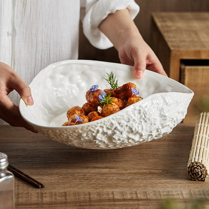 White Ceramic Stone-Pattern Pasta & Dessert Plate