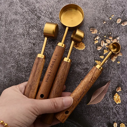 Wooden Handle Measuring Cups & Spoons – Elegant Stainless Steel Kitchen Essentials