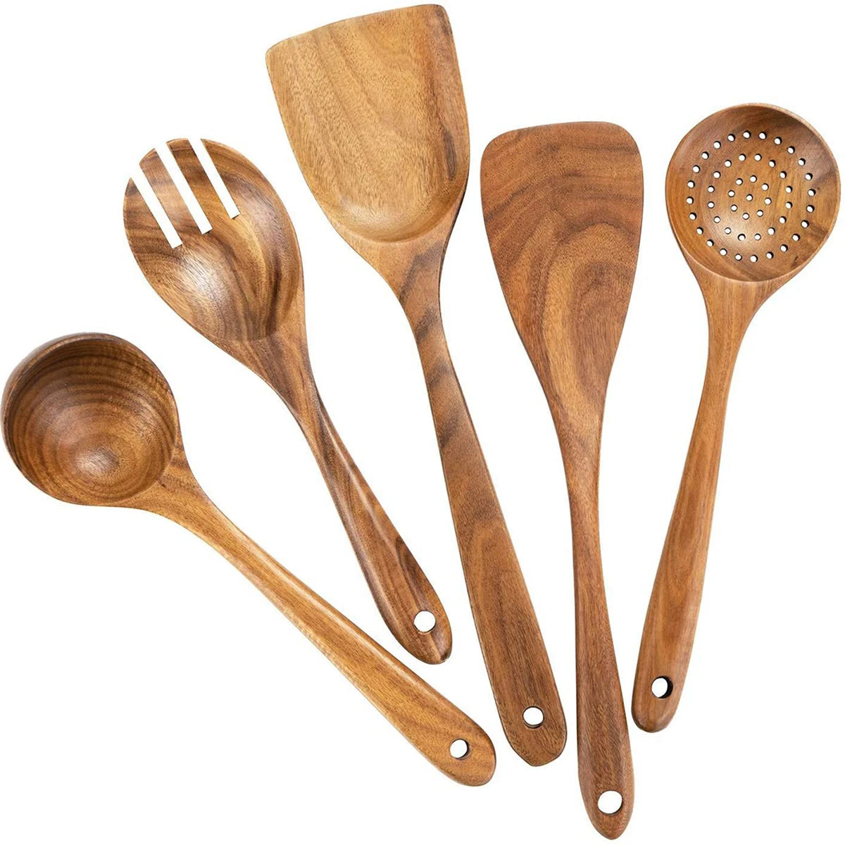 Wooden Kitchen Tools – Spatula, Spoon & Fork Set with Storage