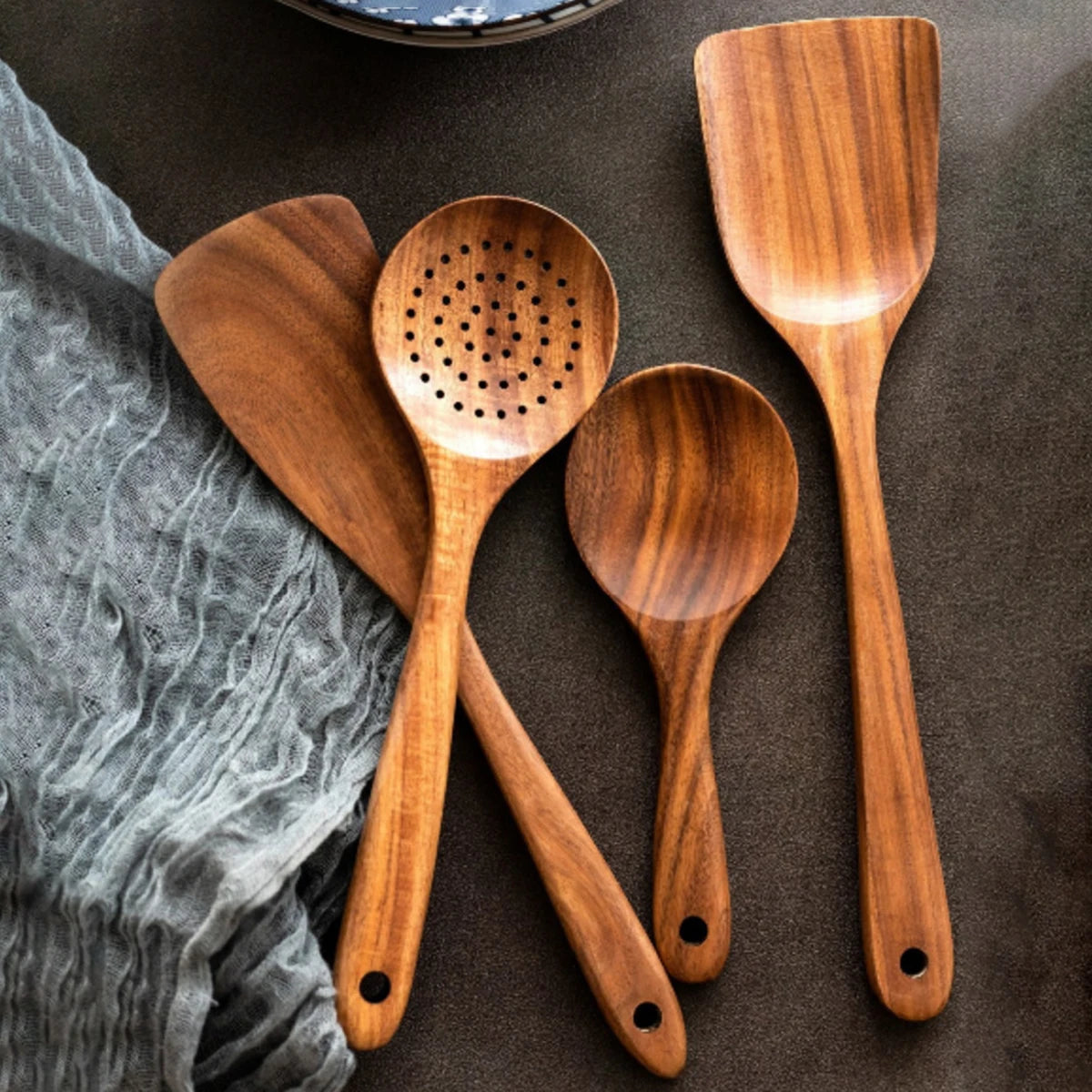 Wooden Kitchen Tools – Spatula, Spoon & Fork Set with Storage