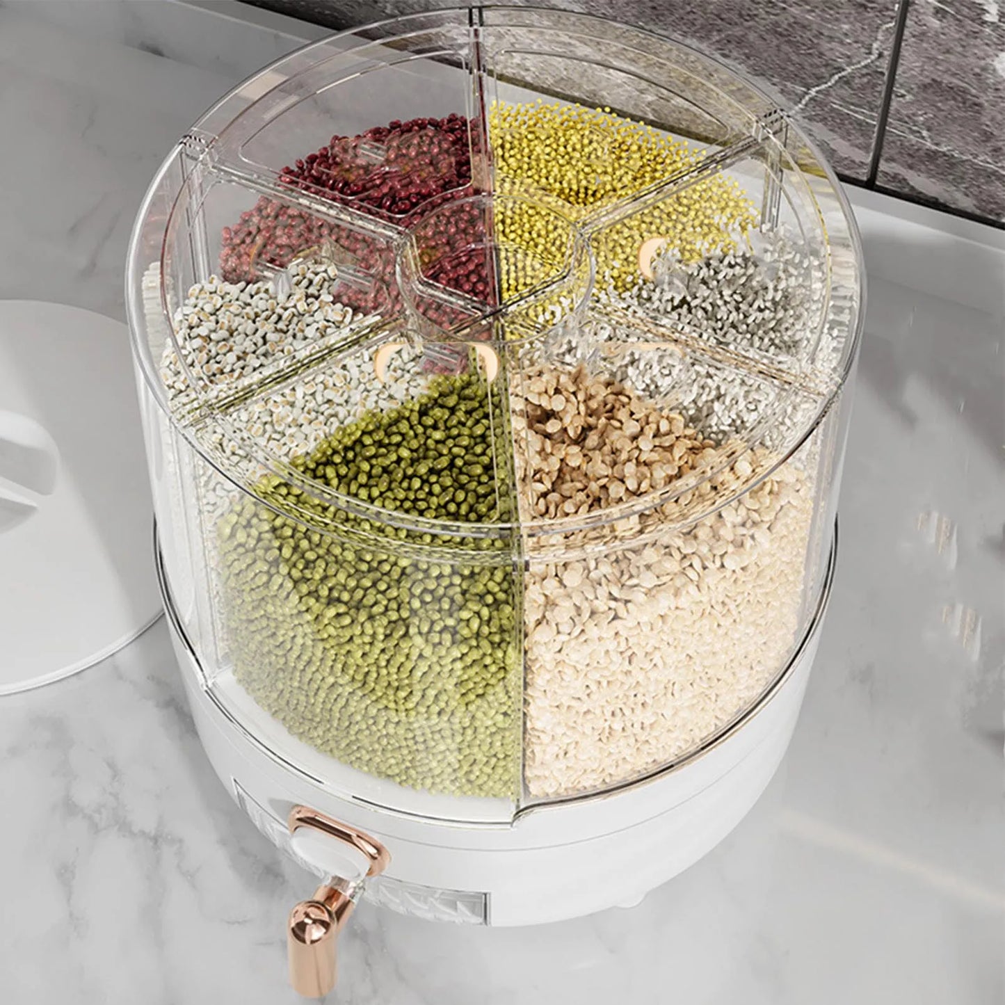 Grain Wonderland 360° Rotating Dispenser – Enchanting Storage for Rice, Beans & More