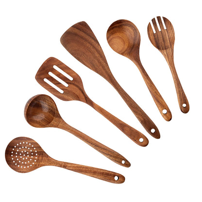 Wooden Kitchen Tools – Spatula, Spoon & Fork Set with Storage