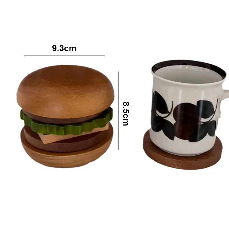 Burger-Inspired Teacup Tray Set – Fun 6-Piece Wooden Coaster & Snack Mat