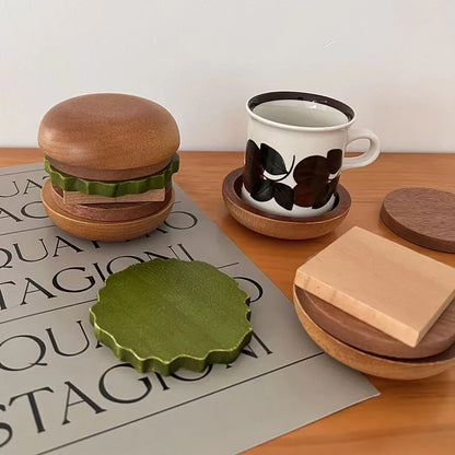 Burger-Inspired Teacup Tray Set – Fun 6-Piece Wooden Coaster & Snack Mat