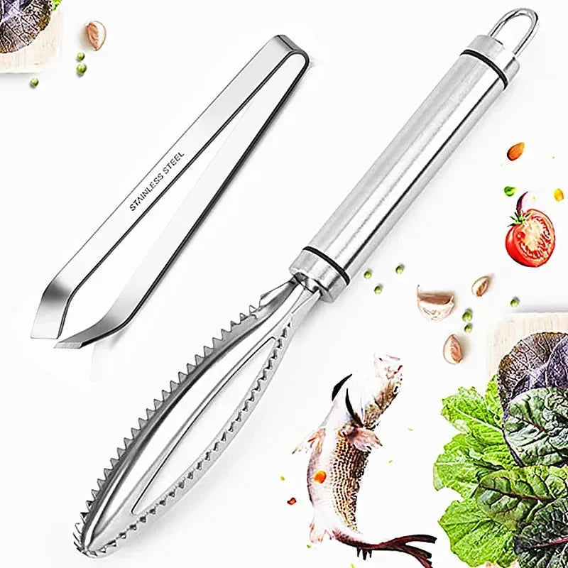 FishPro Stainless Steel Fish Cleaning Set – Quick Scale Scraper, Peeler & Bone Tweezers Tool