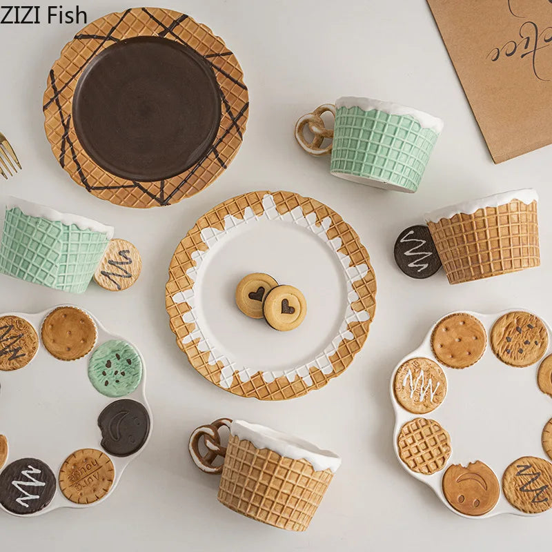 Creative Cookie Ceramic Mug & Dessert Plate Set: Cute & Fun for Tea Time!