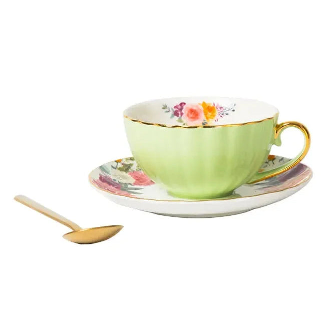 Blooming Luxury: Vintage Floral Ceramic Mug & Plate Set