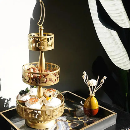 2/3-Tier Metal Ramadan Dessert Stand – Detachable Moon & Castle Tray for Candy, Fruit & Cake