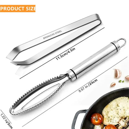 FishPro Stainless Steel Fish Cleaning Set – Quick Scale Scraper, Peeler & Bone Tweezers Tool