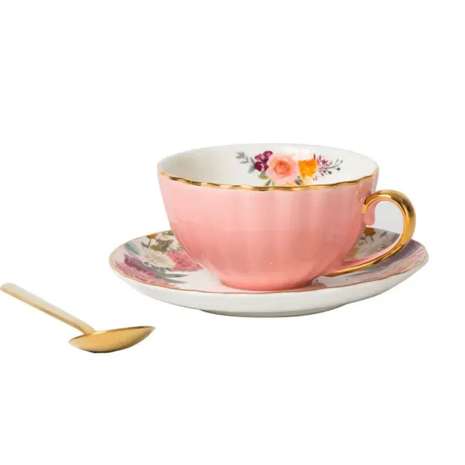 Blooming Luxury: Vintage Floral Ceramic Mug & Plate Set