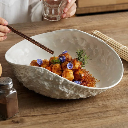 White Ceramic Stone-Pattern Pasta & Dessert Plate